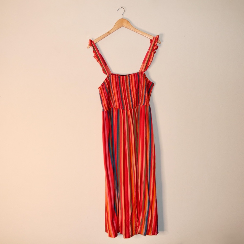 Torrid Midi Challis Smocked Tiered Dress in Stripe Pink - Picture 4 of 13